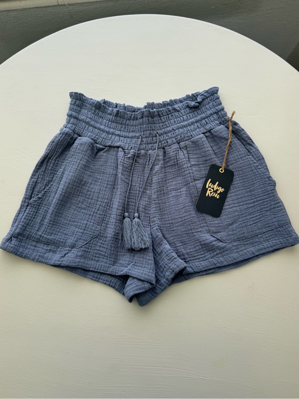 Indigo Rein Blue High-Waist Smocked Tassel Shorts